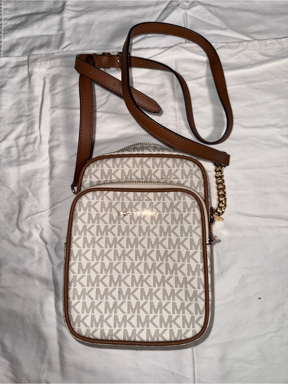 Michael Kors Beige & Brown MK Signature Crossbody with Gold Hardware